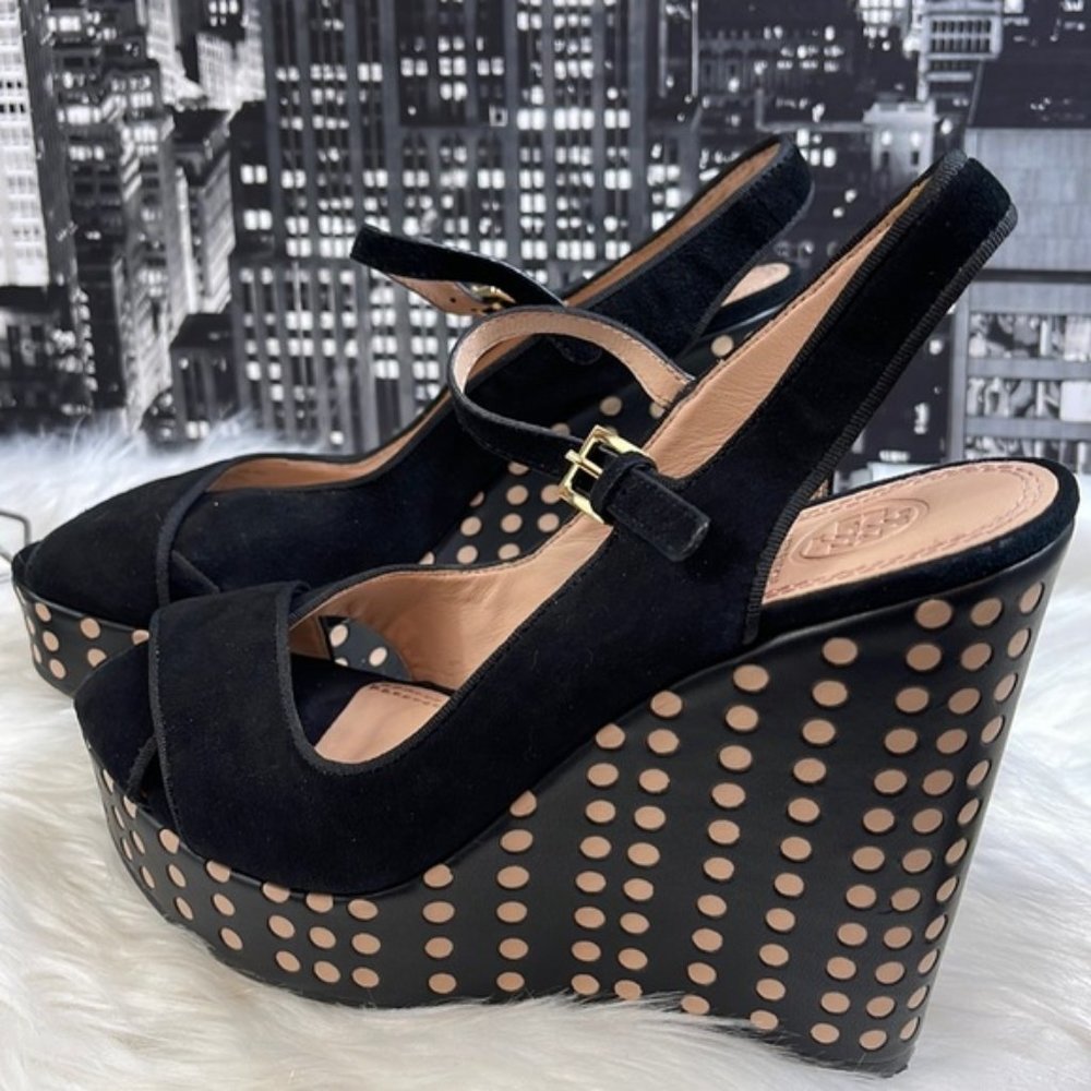 Tory Burch Ollie Black Tan suede Polka Dot wedge Strappy heels size 8M